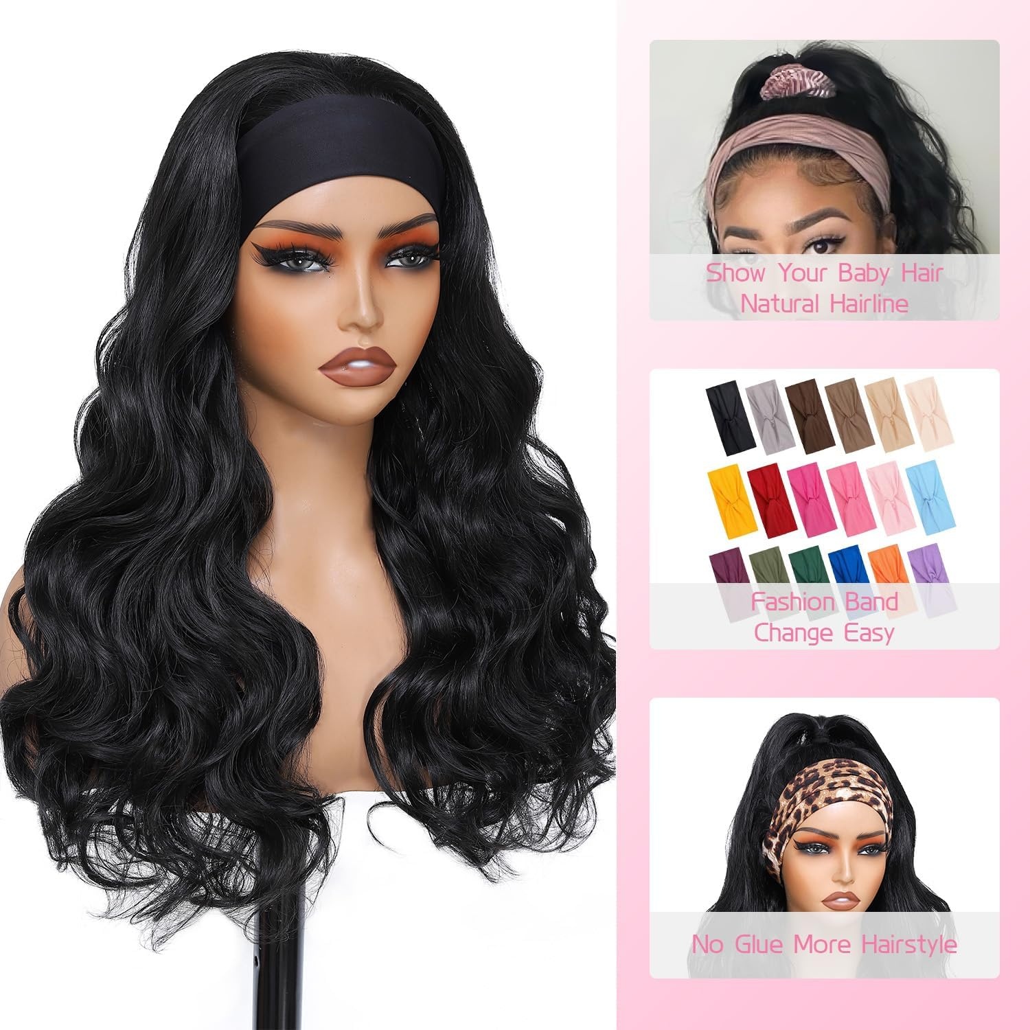 Body Wave Hoofdband Pruik - Synthetisch Zwart Haar 24 inch (32% Korting)