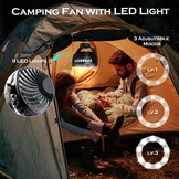 Hianjoo Kinderwagenventilator met LED, licht, 5200 mAh, kleine tafelventilator voor camping, ventilator met ophanghaak, 360° draaibaar, draagbare oplaadbare ventilator - Zwart