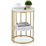 Relaxdays bijzettafel marmer look, met opbergruimte, woonkamer, metaal, mdf, salontafel rond, HxØ 57x40 cm, wit-goud