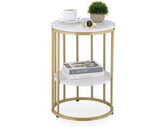 Relaxdays bijzettafel marmer look, met opbergruimte, woonkamer, metaal, mdf, salontafel rond, HxØ 57x40 cm, wit-goud