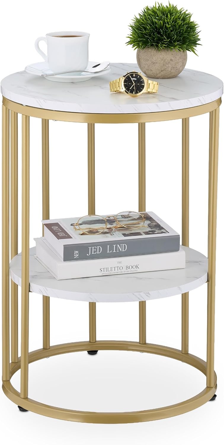 Relaxdays bijzettafel marmer look, met opbergruimte, woonkamer, metaal, mdf, salontafel rond, HxØ 57x40 cm, wit-goud