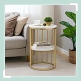 Relaxdays bijzettafel marmer look, met opbergruimte, woonkamer, metaal, mdf, salontafel rond, HxØ 57x40 cm, wit-goud
