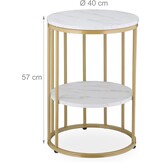 Relaxdays bijzettafel marmer look, met opbergruimte, woonkamer, metaal, mdf, salontafel rond, HxØ 57x40 cm, wit-goud