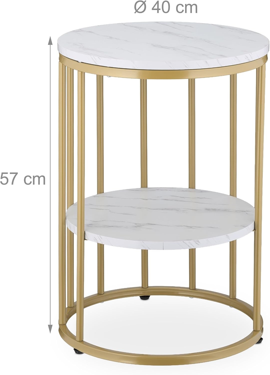 Relaxdays bijzettafel marmer look, met opbergruimte, woonkamer, metaal, mdf, salontafel rond, HxØ 57x40 cm, wit-goud
