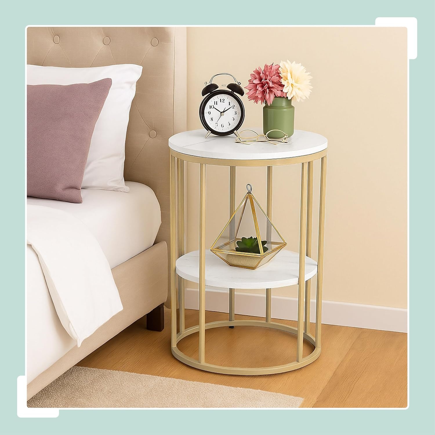 Relaxdays bijzettafel marmer look, met opbergruimte, woonkamer, metaal, mdf, salontafel rond, HxØ 57x40 cm, wit-goud