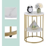 Relaxdays bijzettafel marmer look, met opbergruimte, woonkamer, metaal, mdf, salontafel rond, HxØ 57x40 cm, wit-goud