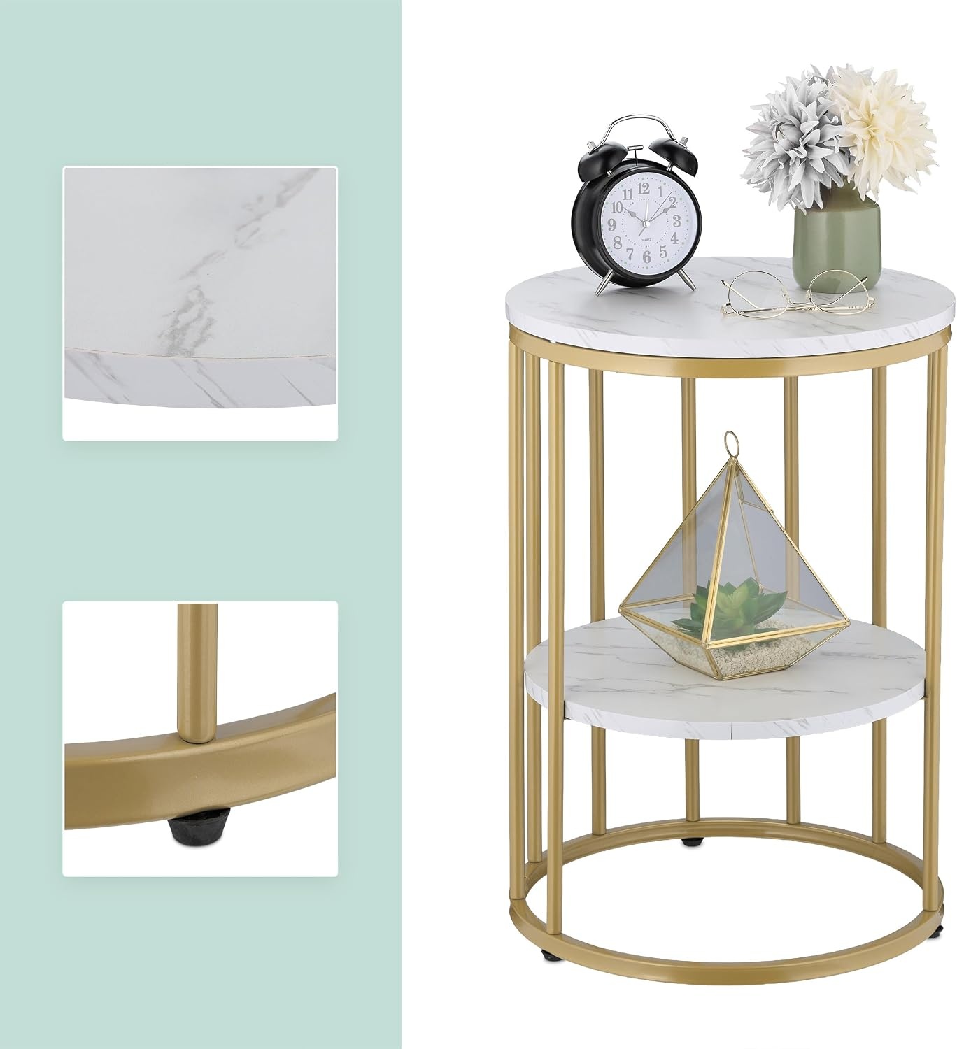 Relaxdays bijzettafel marmer look, met opbergruimte, woonkamer, metaal, mdf, salontafel rond, HxØ 57x40 cm, wit-goud