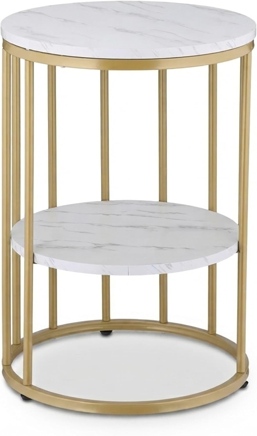 Relaxdays bijzettafel marmer look, met opbergruimte, woonkamer, metaal, mdf, salontafel rond, HxØ 57x40 cm, wit-goud