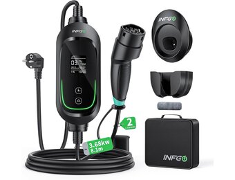 Mobiele Wallbox 3.68 kW Zwart, 8.1 meter, 6-16 A EV Charger met Instelbare Laadvermogen en Timerfunctie