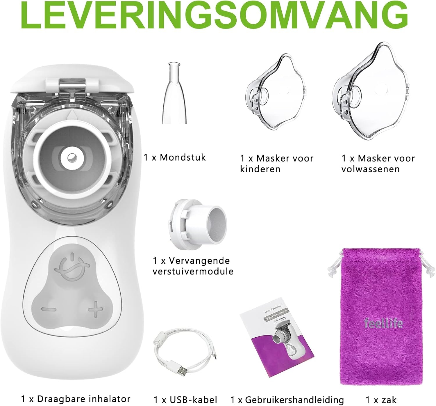 FEELLIFE vernevelaar Vernevelaar, inhalator effectief voor luchtwegaandoeningen, vernevelaar voor kinderen en volwassenen, verstelbare nevel, met 2 verstuivermembraan