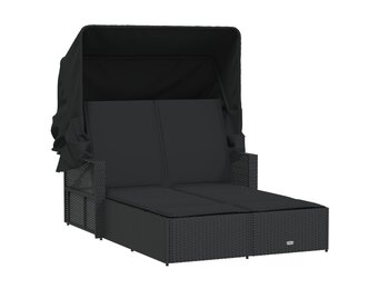 vidaXL Ligbed 2-persoons met luifel en kussens poly rattan zwart