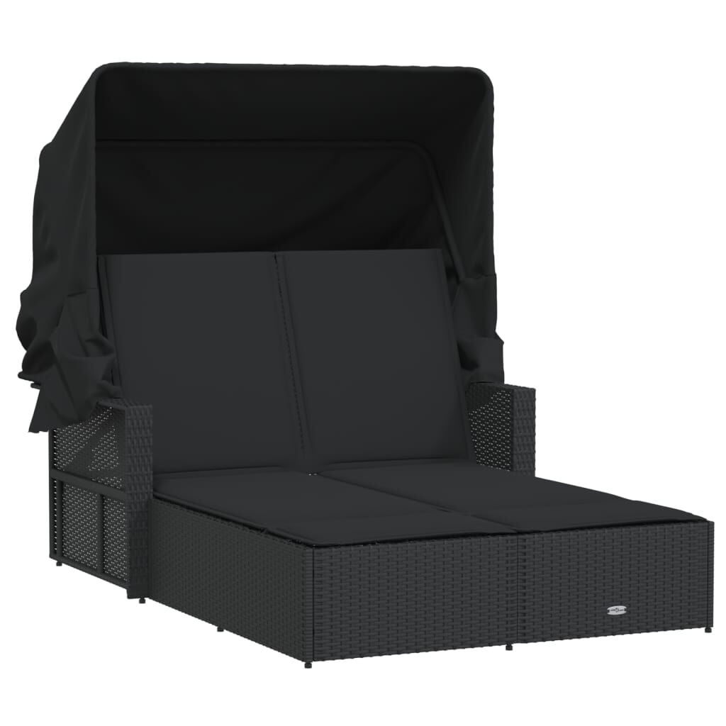 vidaXL Ligbed 2-persoons met luifel en kussens poly rattan zwart