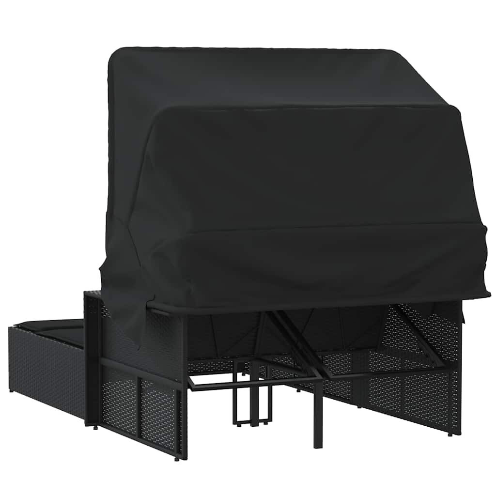 vidaXL Ligbed 2-persoons met luifel en kussens poly rattan zwart