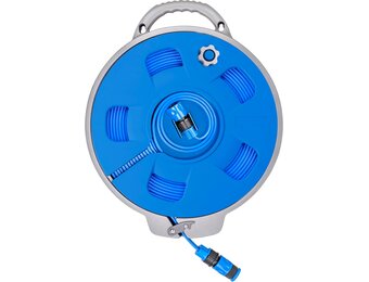 BRUNNER 7203132N slanghaspel voor camping en tuin Roll-On 2.0 met 15 m platte slang, blauw/grijs