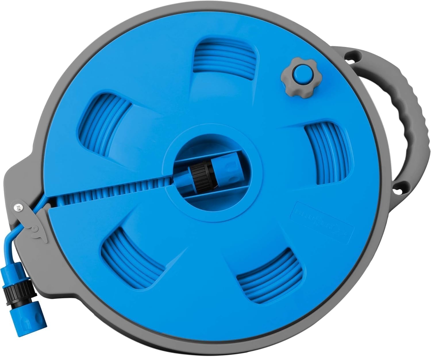 BRUNNER 7203132N slanghaspel voor camping en tuin Roll-On 2.0 met 15 m platte slang, blauw/grijs