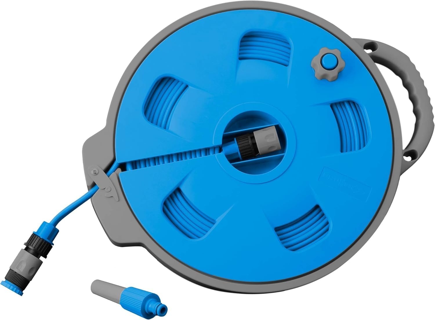 BRUNNER 7203132N slanghaspel voor camping en tuin Roll-On 2.0 met 15 m platte slang, blauw/grijs