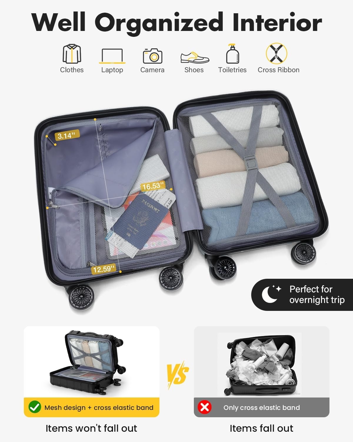 Lekesky 16 inch handbagage koffer, onder de stoel, TSA-slot, zwart