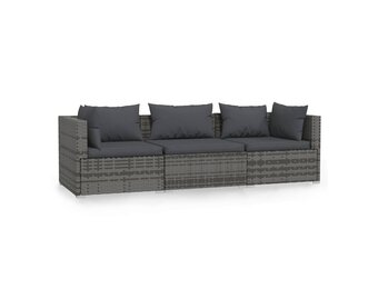 vidaXL Driezitsbank met kussens poly rattan grijs