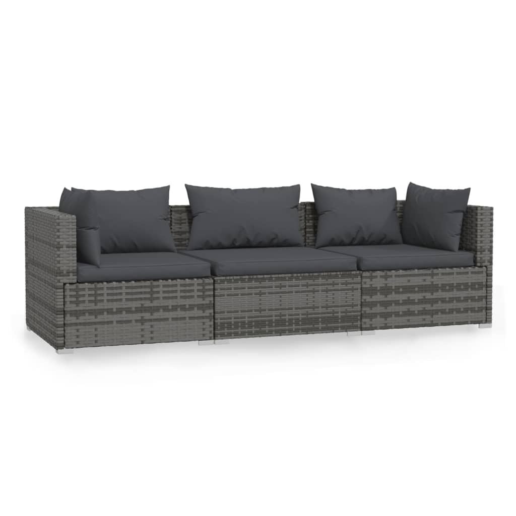 vidaXL Driezitsbank met kussens poly rattan grijs