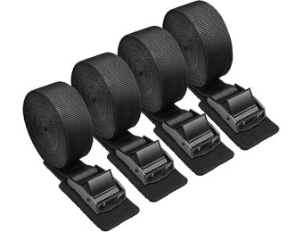4 stuks spanbanden, zwart, draagkracht 250 kg, sjorbanden van 2,5 m, bevestigingsriemen met roestvrijstalen gesp, spanriem, bevestigingsgordel voor auto, bagagedrager fiets en camping - Maat 250 cm x 2.5 cm