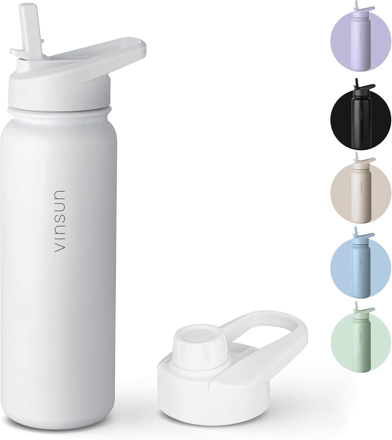 Vinsun RVS Drinkfles 750 ml - Witte Thermosfles met Rietje en Drinkopening - Lekvrij