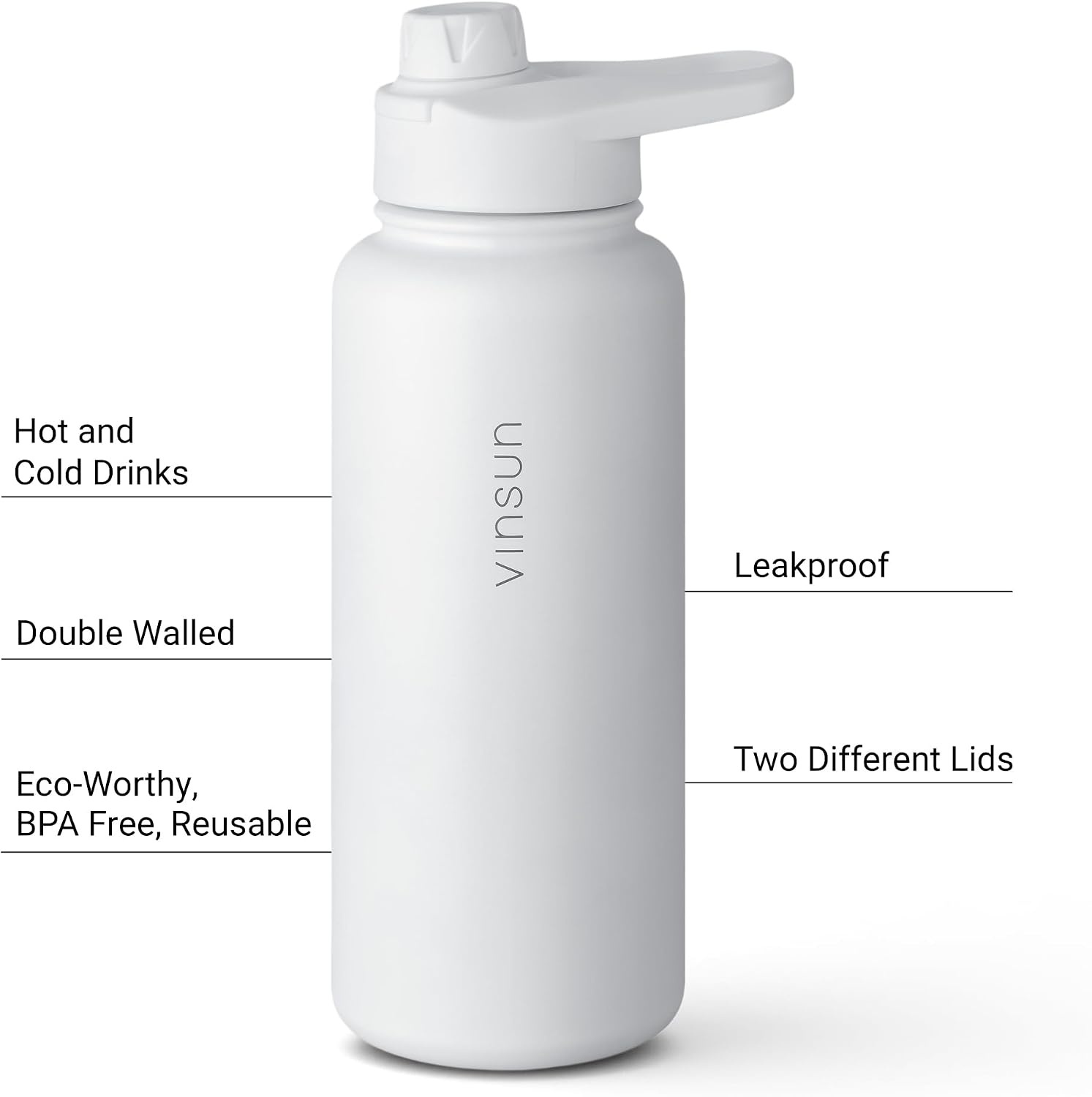 Vinsun RVS Drinkfles 750 ml - Witte Thermosfles met Rietje en Drinkopening - Lekvrij