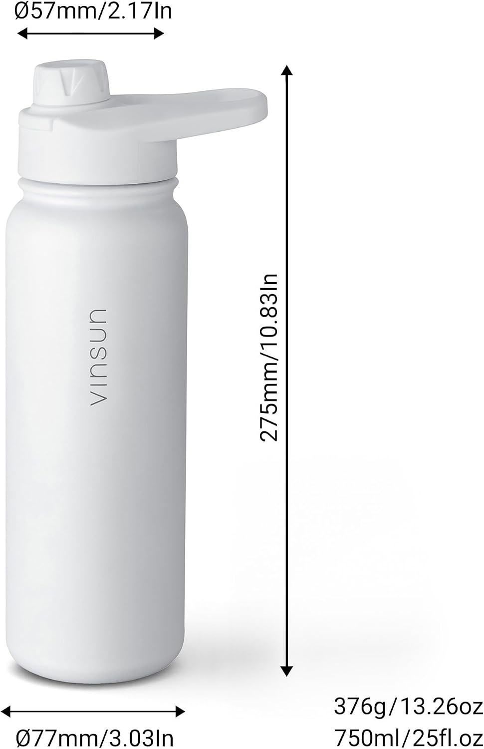 Vinsun RVS Drinkfles 750 ml - Witte Thermosfles met Rietje en Drinkopening - Lekvrij