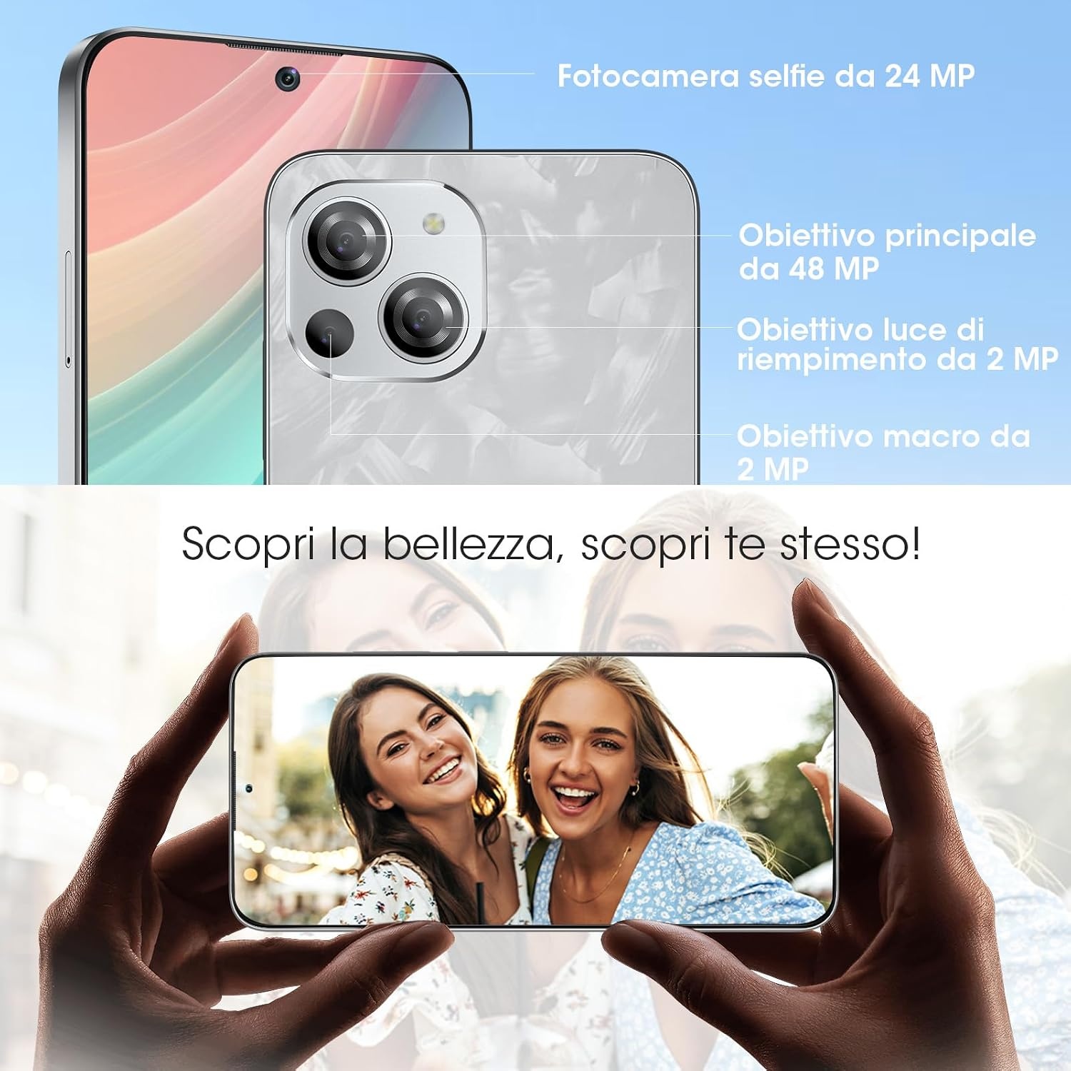 Ontgrendelde telefoon, CWOWDEFU S18 Android 14 Smartphone met 6,58" 2K Incell-scherm, 16(8+8) GB RAM+ 256 GB ROM, Dual SIM 4G, Octa-Core, Gezichts-/vingerafdrukherkenning/NFC/GPS 2024