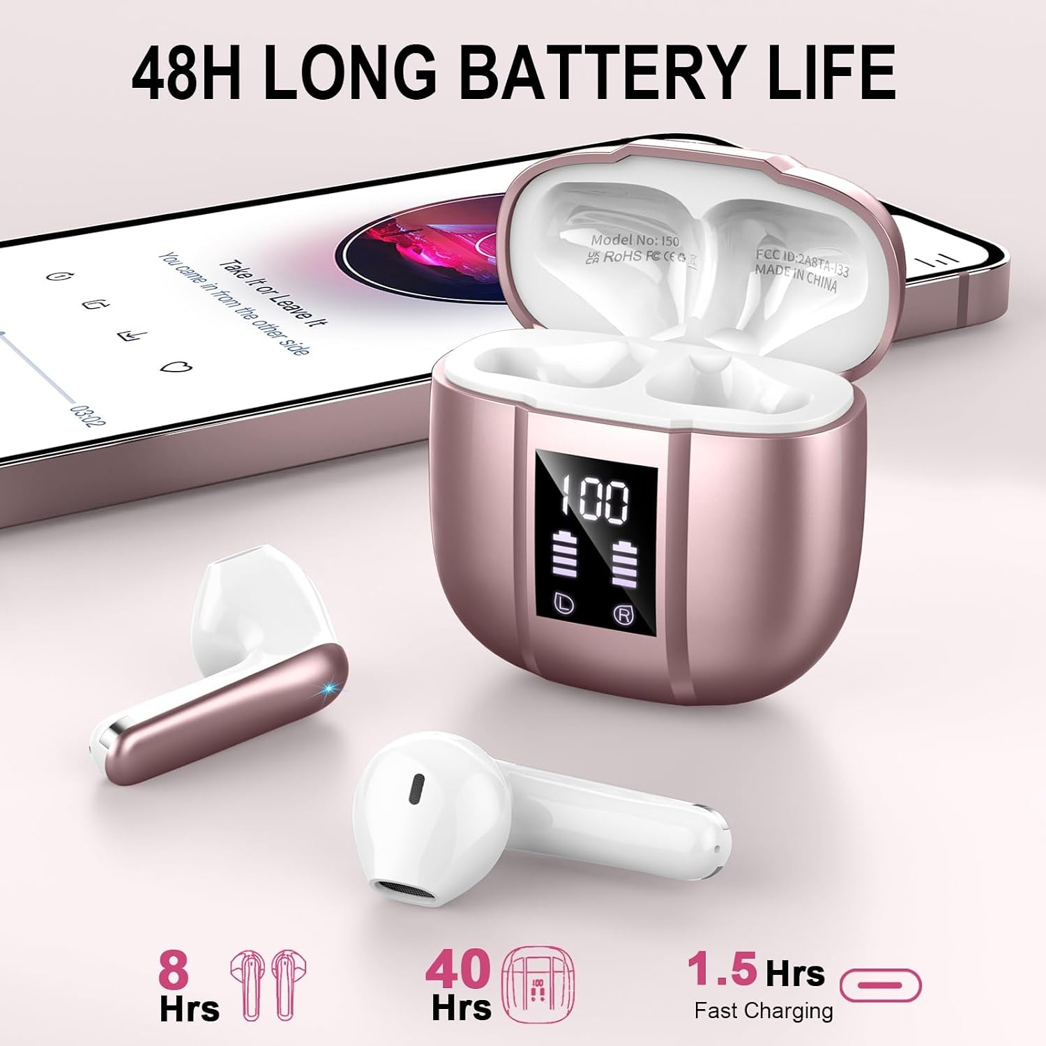 Nerunsa 2026 Bluetooth hoofdtelefoon, draadloze Bluetooth 5.4 hifi-stereo, in-ear hoofdtelefoon met ENC ruisonderdrukkende microfoon, IP7 waterdichte oordopjes, USB-C, 50 uur speeltijd, draadloze