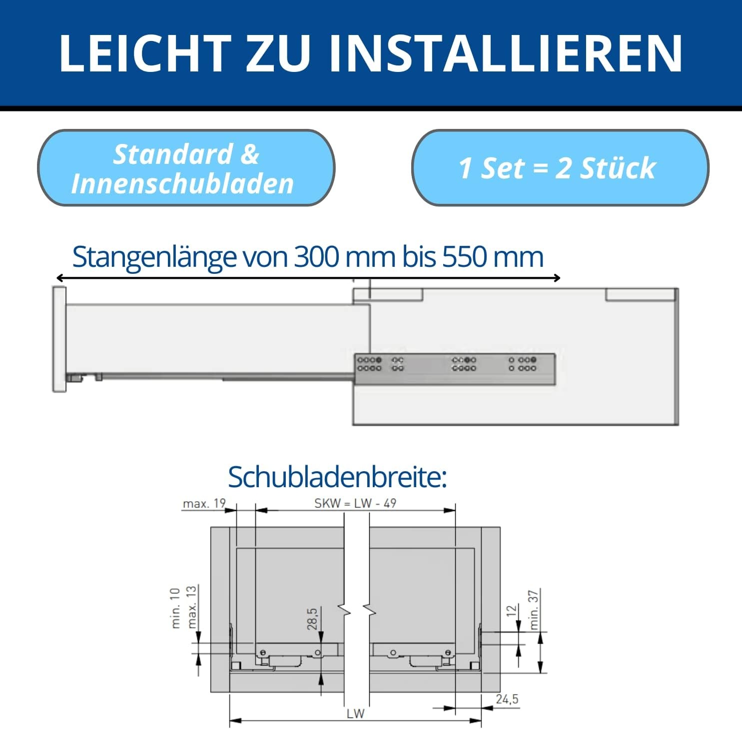 Ondervloer ladegeleiders 500mm Soft-Close | 30kg | Set van 2 | 30% Korting