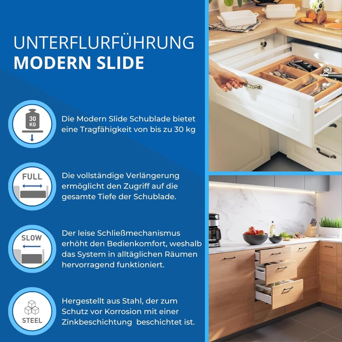 Ondervloer ladegeleiders 500mm Soft-Close | 30kg | Set van 2 | 30% Korting