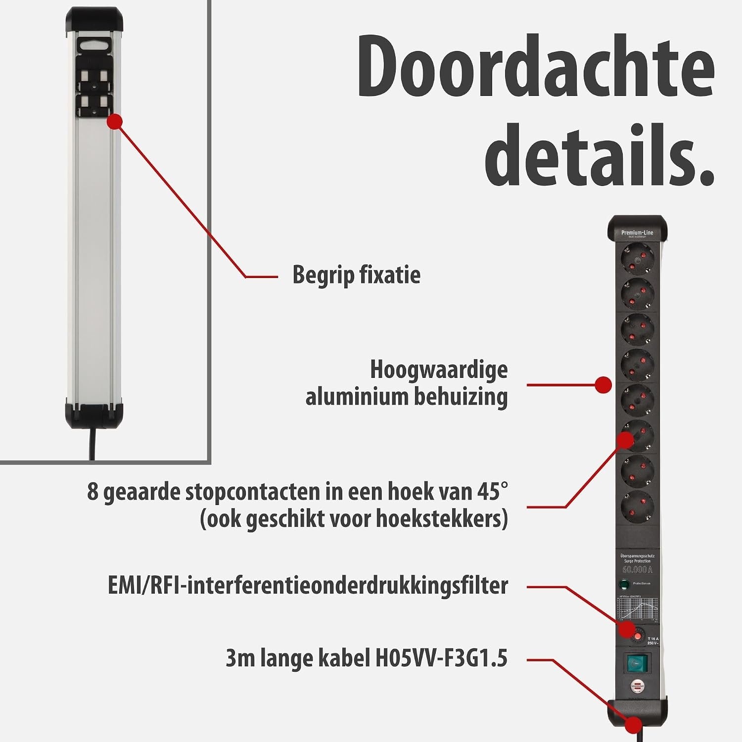 8-voudige Stekkerdoos met Overspanningsbeveiliging - 34% Korting