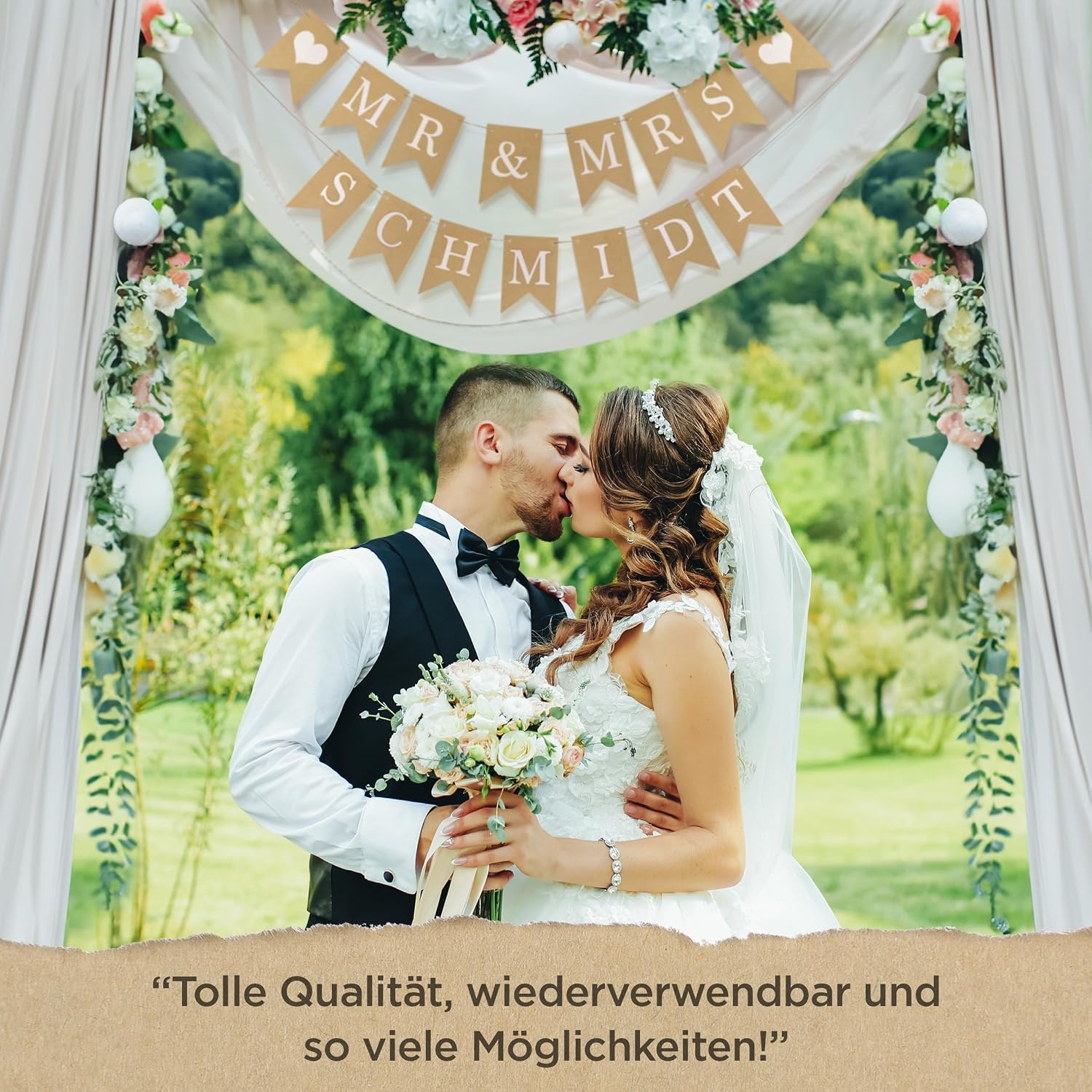 Gouden Trouwbanner Slinger - Feestdecoratie Bruiloft & Verloving - M - 16,5 x 16,5 cm