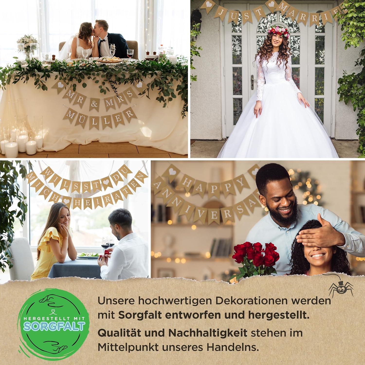 Gouden Trouwbanner Slinger - Feestdecoratie Bruiloft & Verloving - M - 16,5 x 16,5 cm