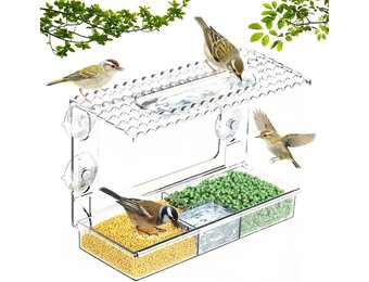 Vogelvoederhuis, met zuignappen, vogelvoederdispenser, voor ramen, vensterbank met afneembare voerdispenser, transparant raam, vogelvoer, transparant (transparant/B)