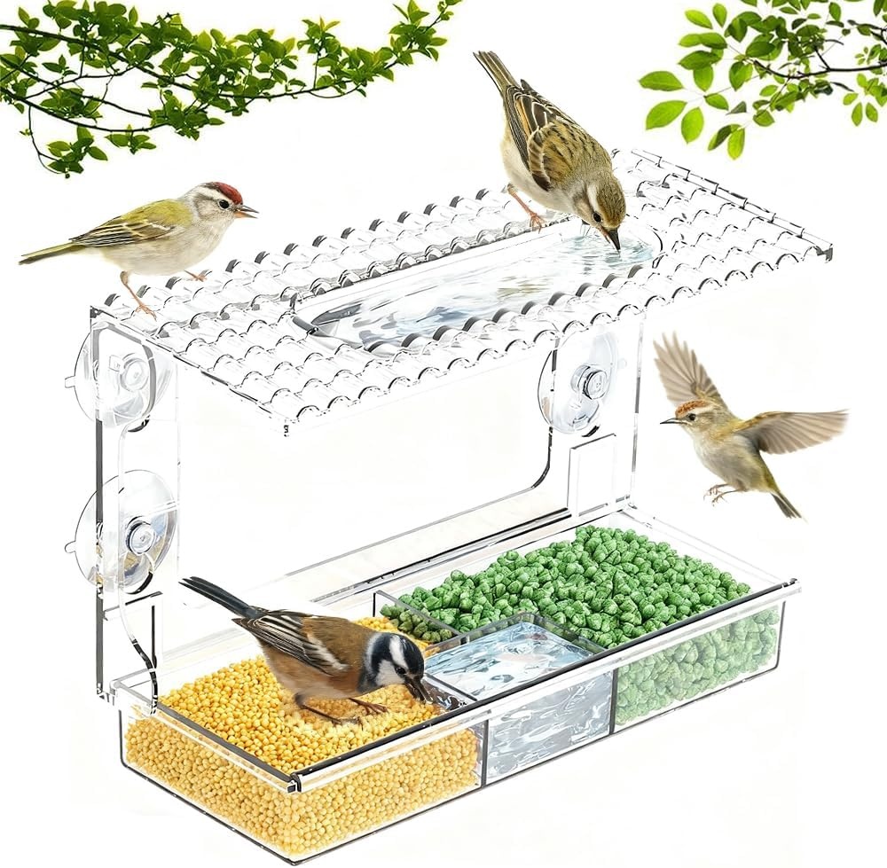 Vogelvoederhuis, met zuignappen, vogelvoederdispenser, voor ramen, vensterbank met afneembare voerdispenser, transparant raam, vogelvoer, transparant (transparant/B)