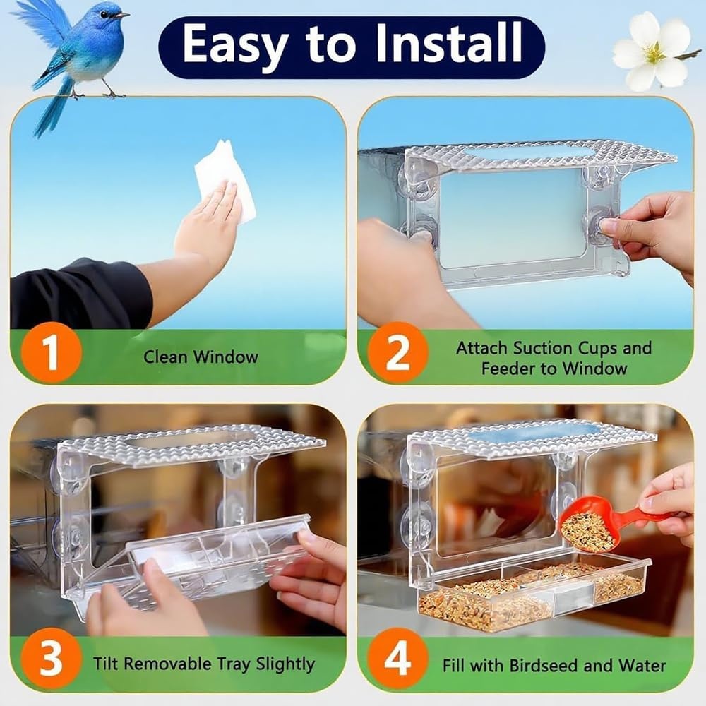 Vogelvoederhuis, met zuignappen, vogelvoederdispenser, voor ramen, vensterbank met afneembare voerdispenser, transparant raam, vogelvoer, transparant (transparant/B)