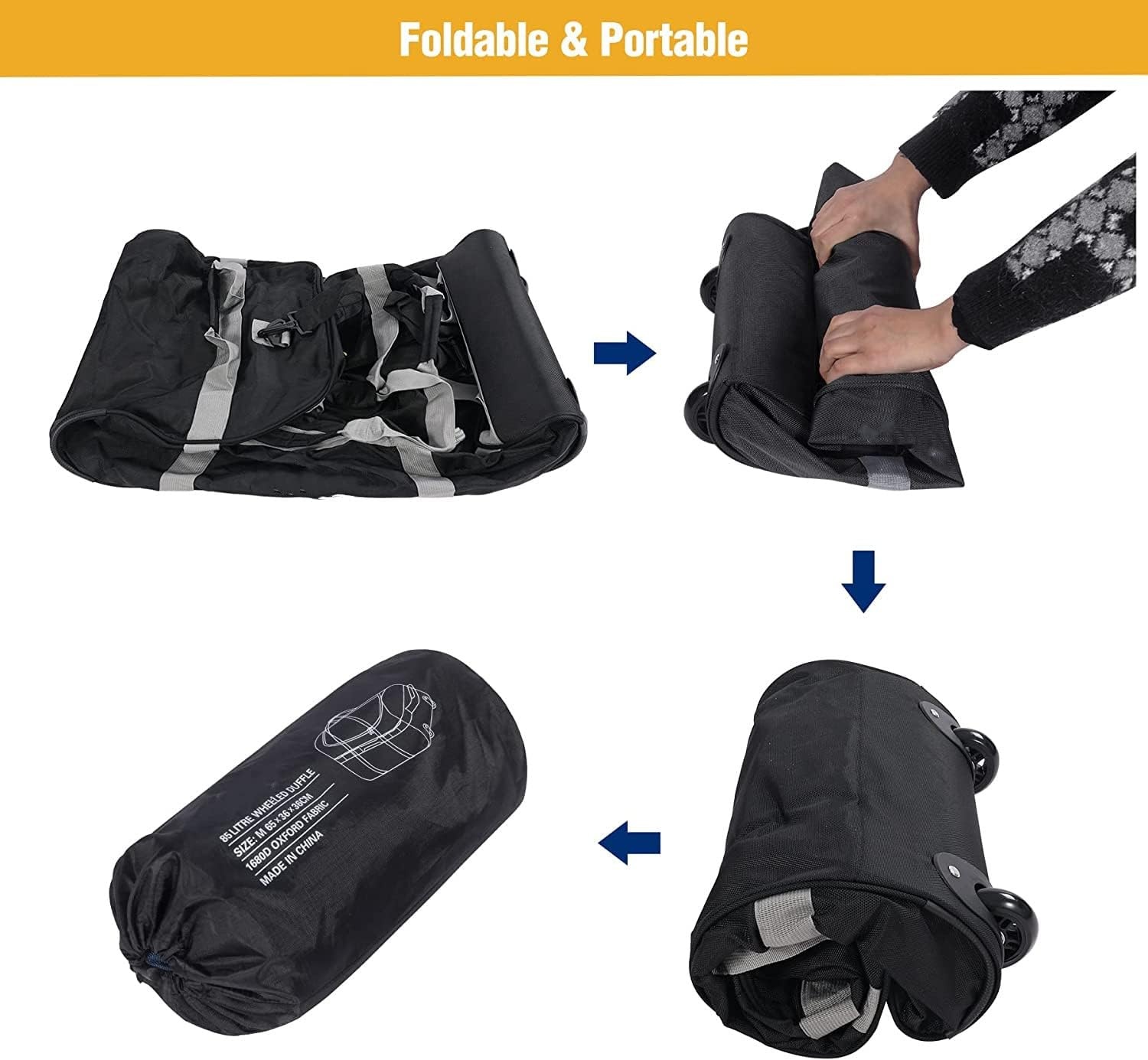 CampMax Opvouwbare Reistas met Wielen - 85 Liter - Zwart - Inclusief Schouderband