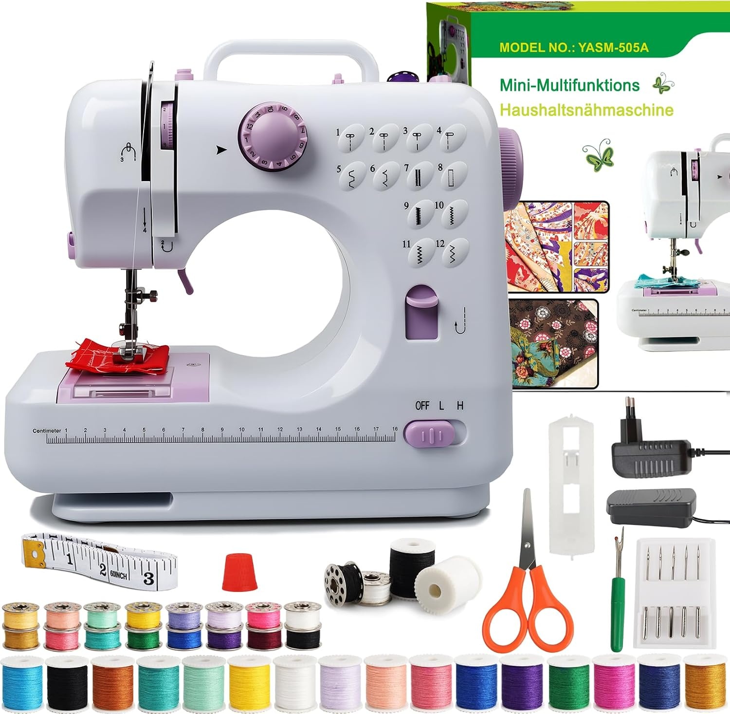BRICH Elektrische naaimachine met overlock-functie, ideaal als kleine naaimachine voor beginners, voor kinderen en volwassenen, compact en draagbaar, met 42 accessoires, werkt op stroom en batterijen