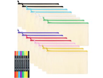 Yoosso 18 stuks blanco stoffen zakjes, 21 x 12 cm, pennenetui, met 8 acrylmarkers om te beschilderen, knutselen, doe-het-zelf