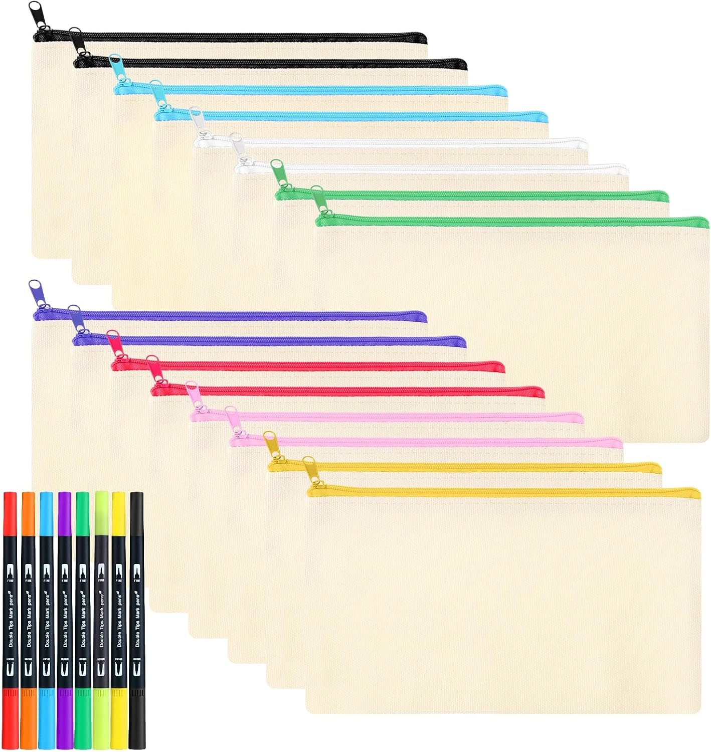 Yoosso 18 stuks blanco stoffen zakjes, 21 x 12 cm, pennenetui, met 8 acrylmarkers om te beschilderen, knutselen, doe-het-zelf