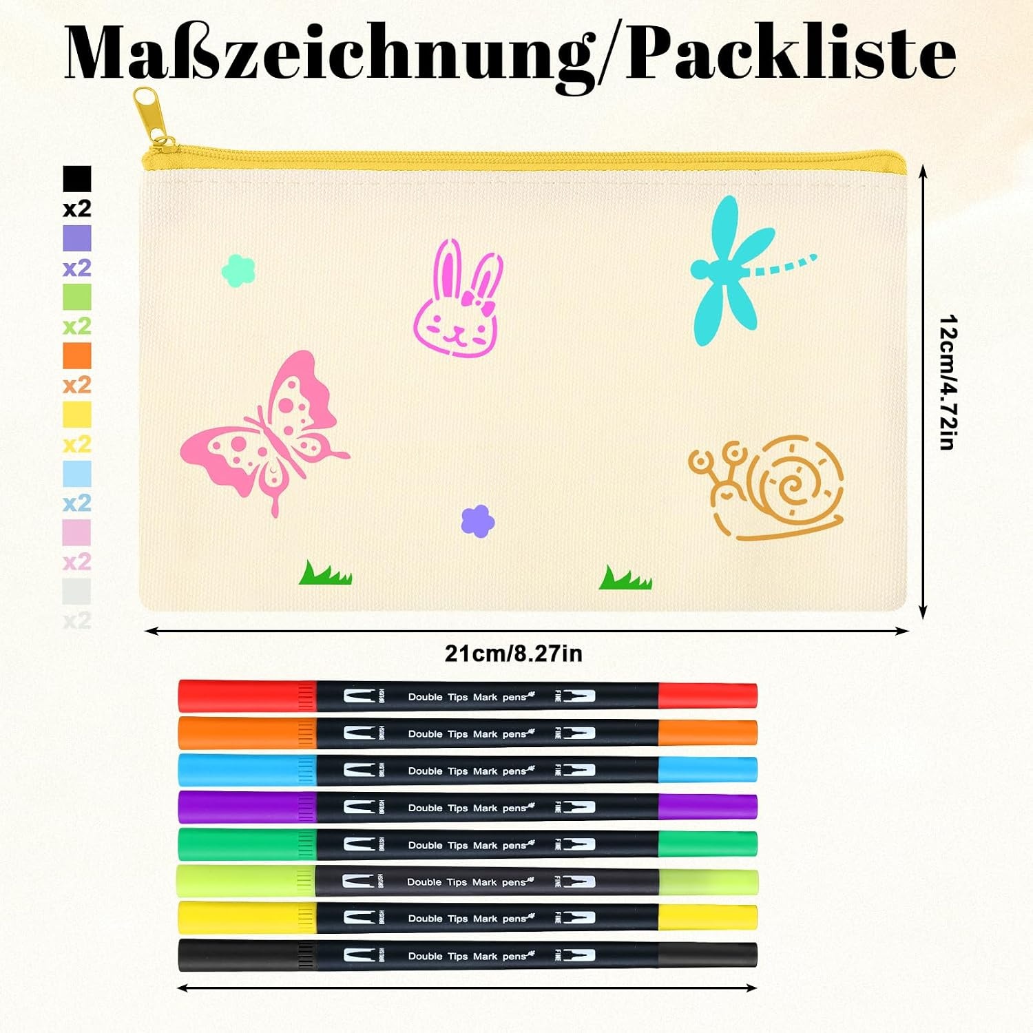 Yoosso 18 stuks blanco stoffen zakjes, 21 x 12 cm, pennenetui, met 8 acrylmarkers om te beschilderen, knutselen, doe-het-zelf