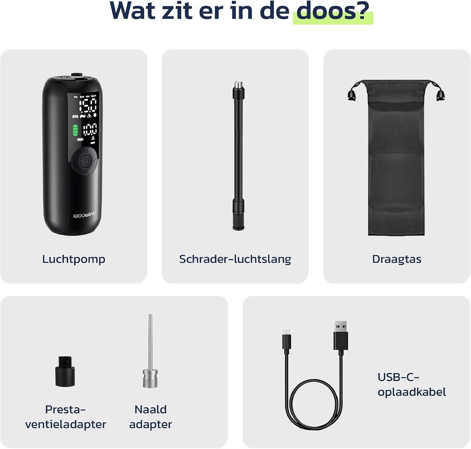 Woowind LP1 Elektrische Fietspomp, Bandenpomp, 1-minuut-opblazen