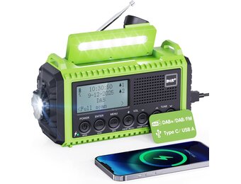 Crankradio DAB/FM met Batterij 5000mAh, Draagbare Zonne-radio met LED-zaklamp en Leeslampje, DAB+ Bouwplaatsradio IPX4, Noodradio en SOS-alarm Geschikt voor Wandelen, Kamperen, Buiten (Groene DAB)