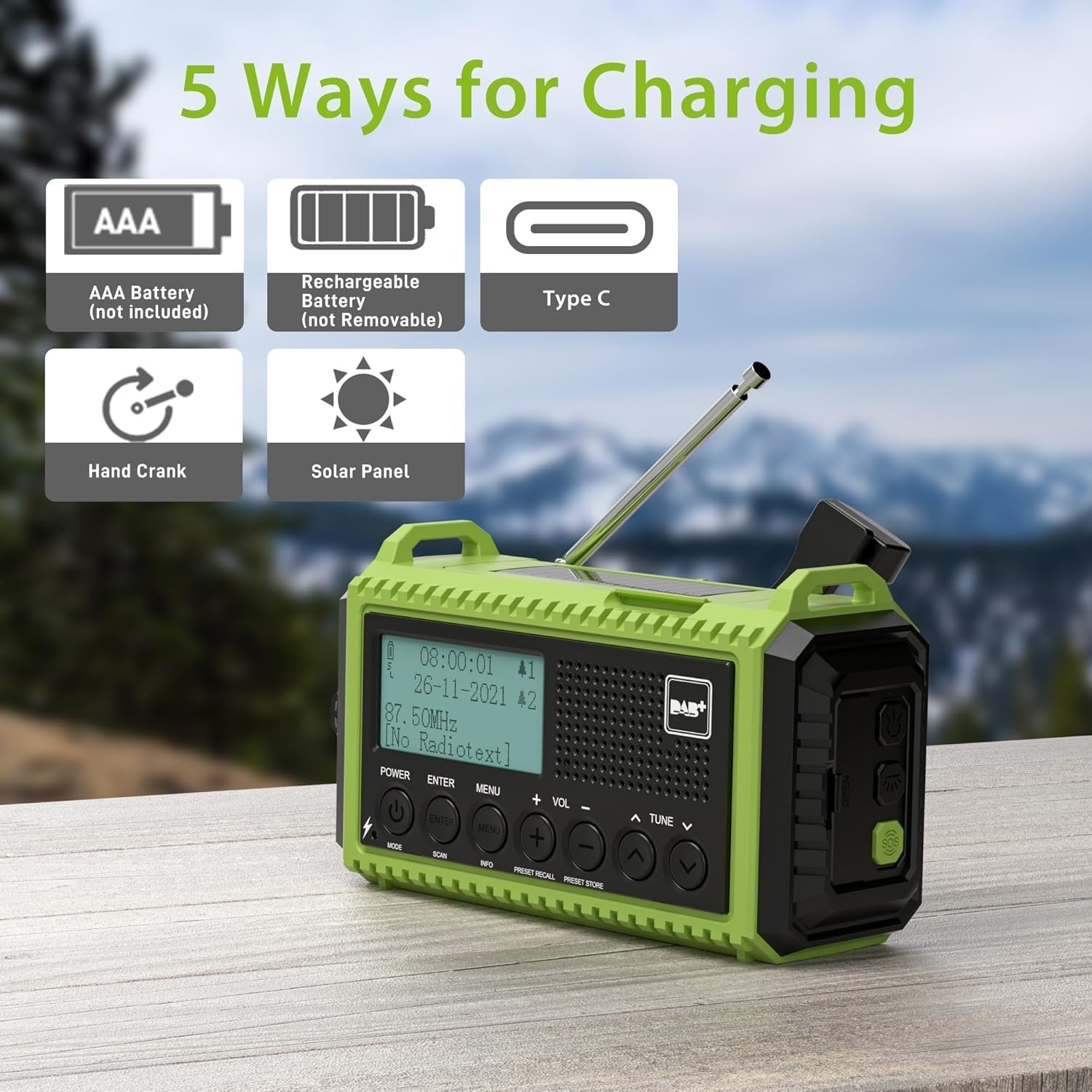 Crankradio DAB/FM met Batterij 5000mAh, Draagbare Zonne-radio met LED-zaklamp en Leeslampje, DAB+ Bouwplaatsradio IPX4, Noodradio en SOS-alarm Geschikt voor Wandelen, Kamperen, Buiten (Groene DAB)
