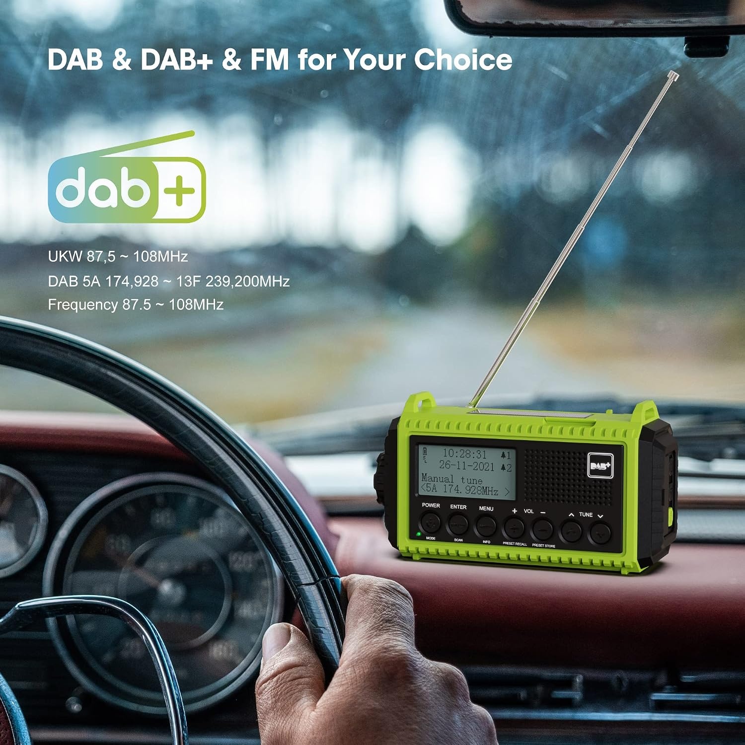Crankradio DAB/FM met Batterij 5000mAh, Draagbare Zonne-radio met LED-zaklamp en Leeslampje, DAB+ Bouwplaatsradio IPX4, Noodradio en SOS-alarm Geschikt voor Wandelen, Kamperen, Buiten (Groene DAB)