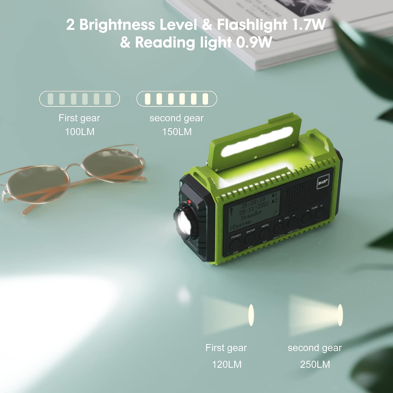 Crankradio DAB/FM met Batterij 5000mAh, Draagbare Zonne-radio met LED-zaklamp en Leeslampje, DAB+ Bouwplaatsradio IPX4, Noodradio en SOS-alarm Geschikt voor Wandelen, Kamperen, Buiten (Groene DAB)