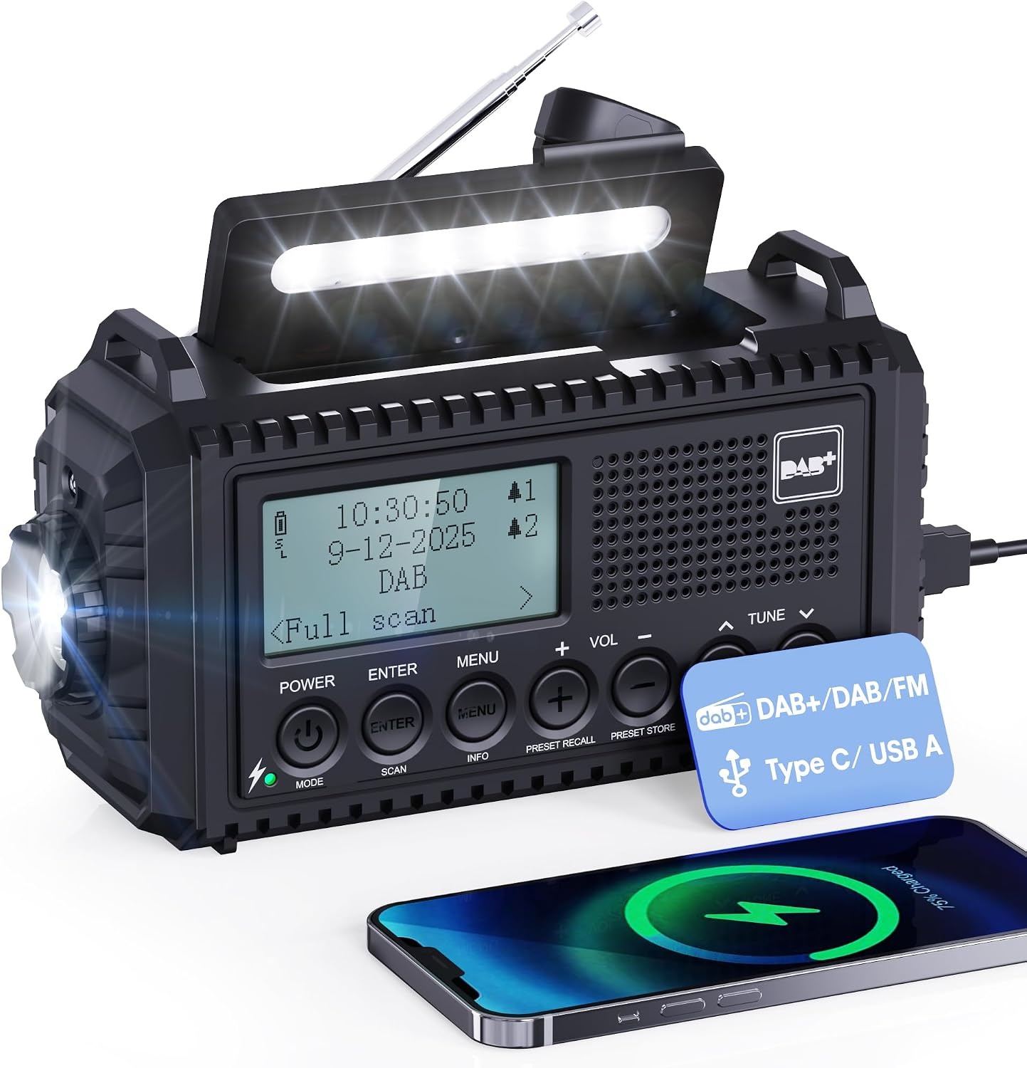 Crankradio DAB/FM met Batterij 5000mAh, Draagbare Zonne-radio met LED-zaklamp en Leeslampje, DAB+ Bouwplaatsradio IPX4, Noodradio en SOS-alarm Geschikt voor Wandelen, Kamperen, Buiten (Groene DAB)
