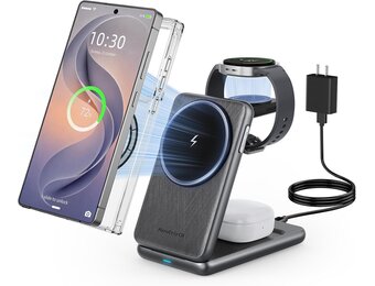 Magnetische draadloze oplader voor Samsung voor Galaxy S25 Ultra S24,opvouwbare Mag-safe oplader standaard 3 in 1 Reizen Uitwerpen met één klik voor Galaxy Watch Ultra 7 6 Buds 3 (zwart)