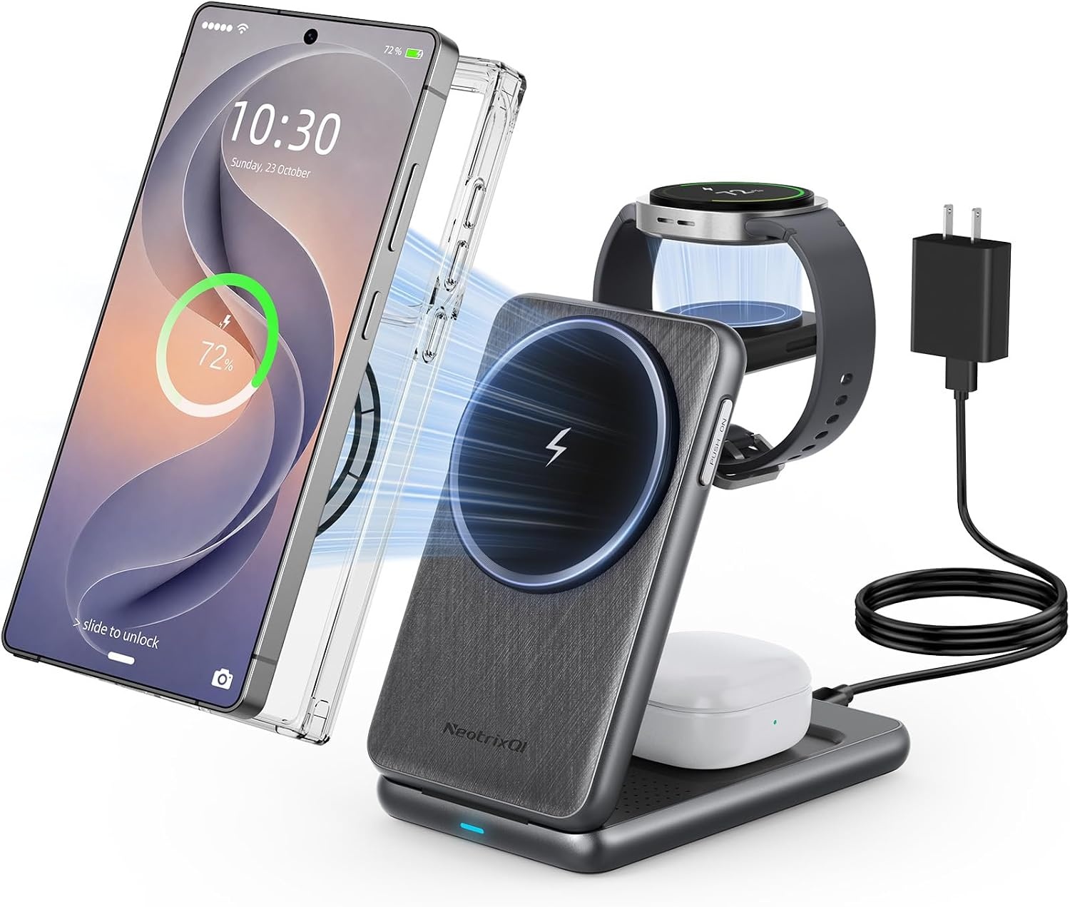 Magnetische draadloze oplader voor Samsung voor Galaxy S25 Ultra S24,opvouwbare Mag-safe oplader standaard 3 in 1 Reizen Uitwerpen met één klik voor Galaxy Watch Ultra 7 6 Buds 3 (zwart)